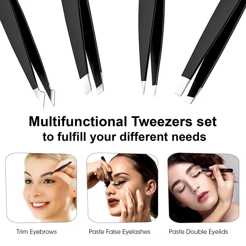 Multifunctional tweezers set with examples of use on a white background