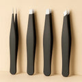 Black 4-Piece Stainless Steel Eyebrow Tweezers Set – Professional Precision Hair Removal Tools for Face, Brows & Lashes