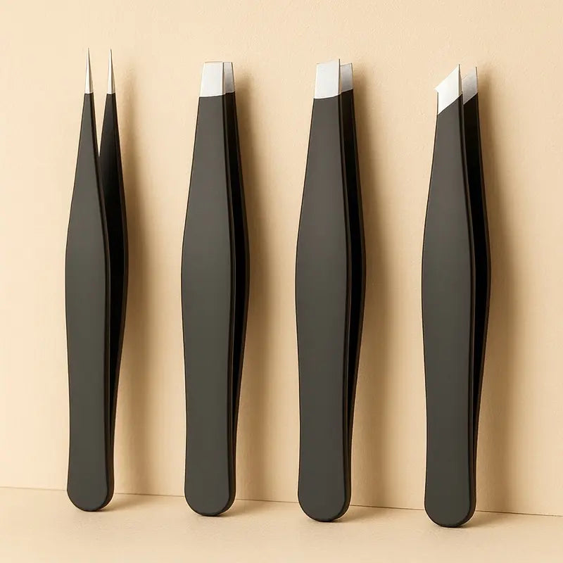 Black 4-Piece Stainless Steel Eyebrow Tweezers Set – Professional Precision Hair Removal Tools for Face, Brows & Lashes