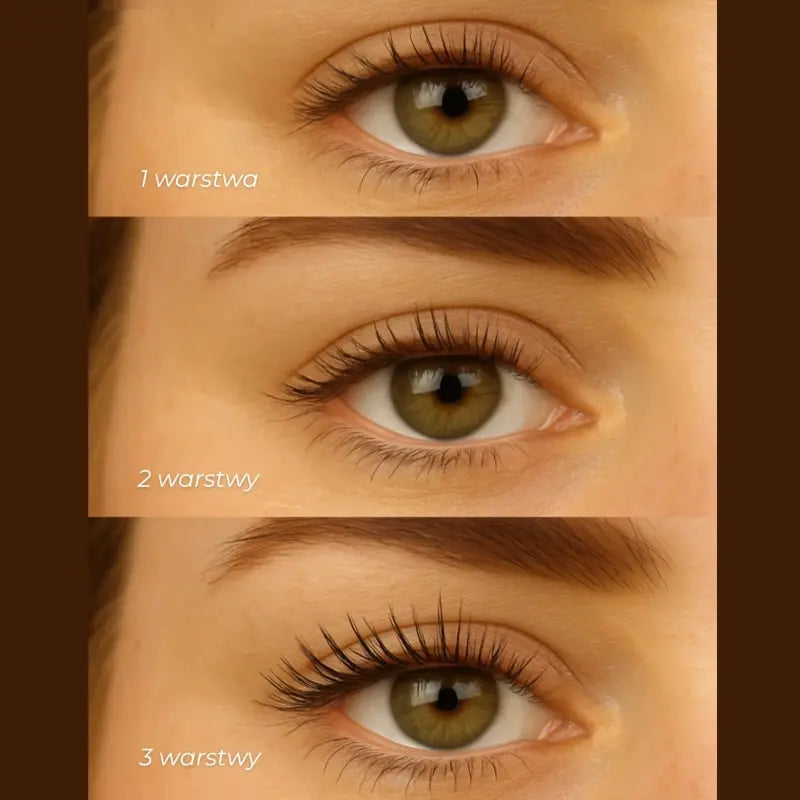 Brown Hemp Seed Oil Mascara Lengthening & Volumizing with packaging on a light background - effect