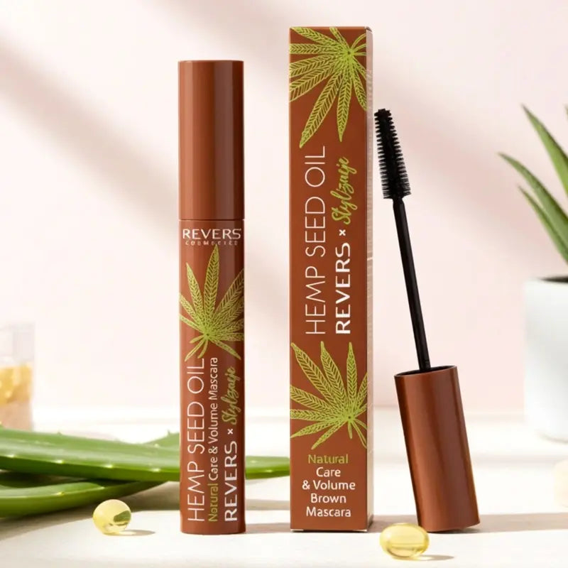 Brown Hemp Seed Oil Mascara Lengthening & Volumizing with packaging on a light background
