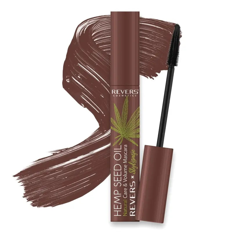 Brown Hemp Seed Oil mascara with brush on a white background