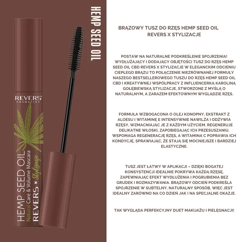Mascara with hemp seed oil packaging on a brown and white background