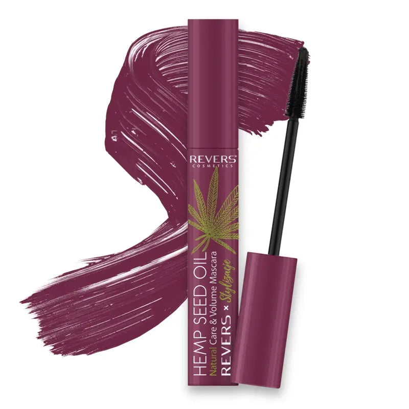 Burgundy Hemp Seed Oil mascara with purple packaging and black wand on a white background
