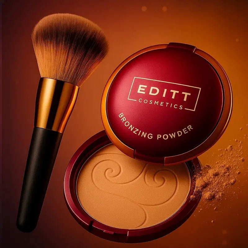 Compact bronzing powder with a brush on an orange background