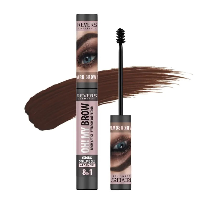 Revers Oh My Brow Dark Brown color and styling gel with applicator on a white background