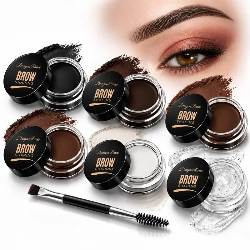 Eyebrow Pomade Kit Waterproof Brow Wax & Tint with Duo Brush for Natural Look Dark Brown, Light Brown, Black, Taupe, White and Transparent Clear