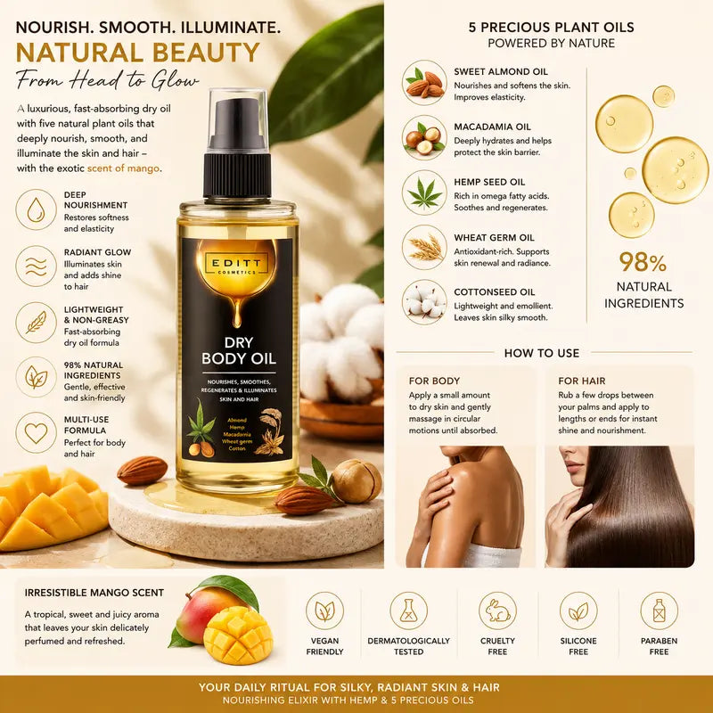 Dry Body & Hair Oil Nourishing Elixir with Hemp & 5 Precious Oils for Silky, Radiant Skin & Hair