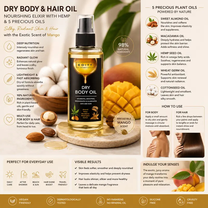 Dry Body & Hair Oil Nourishing Elixir with Hemp & 5 Precious Oils for Silky, Radiant Skin & Hair