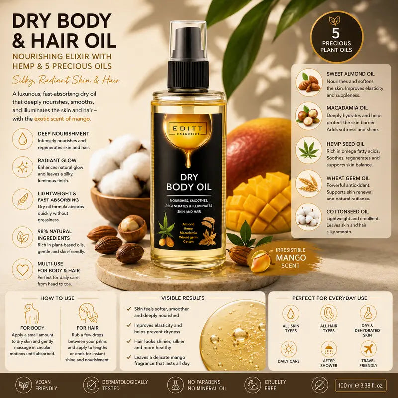 Dry Body & Hair Oil Nourishing Elixir with Hemp & 5 Precious Oils for Silky, Radiant Skin & Hair