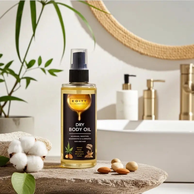 Dry body oil bottle on a bathroom counter with plants and a mirror in the background