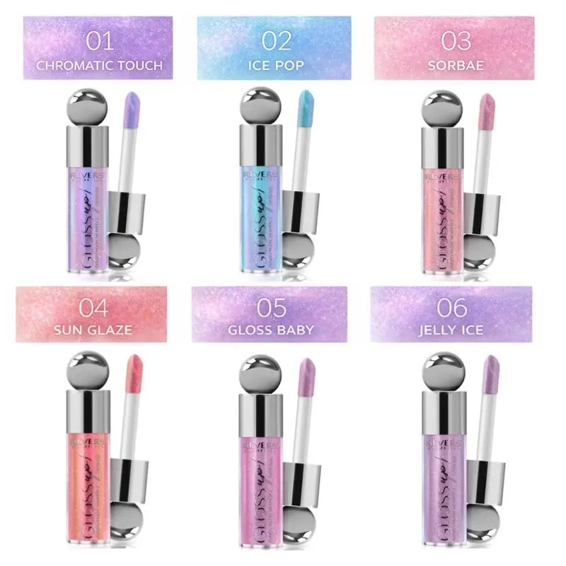 Set of six lip glosses with colorful labels on a white background