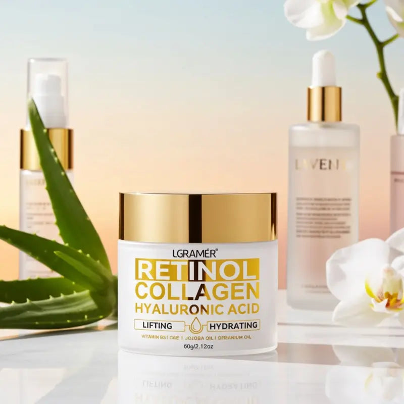 Skincare products including a jar of retinol face cream with hyaluronic acid with a blurred background.