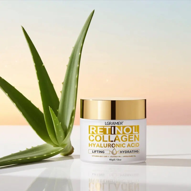 LGRAMER Retinol Collagen Hyaluronic Acid skincare product with aloe vera leaves on a gradient background