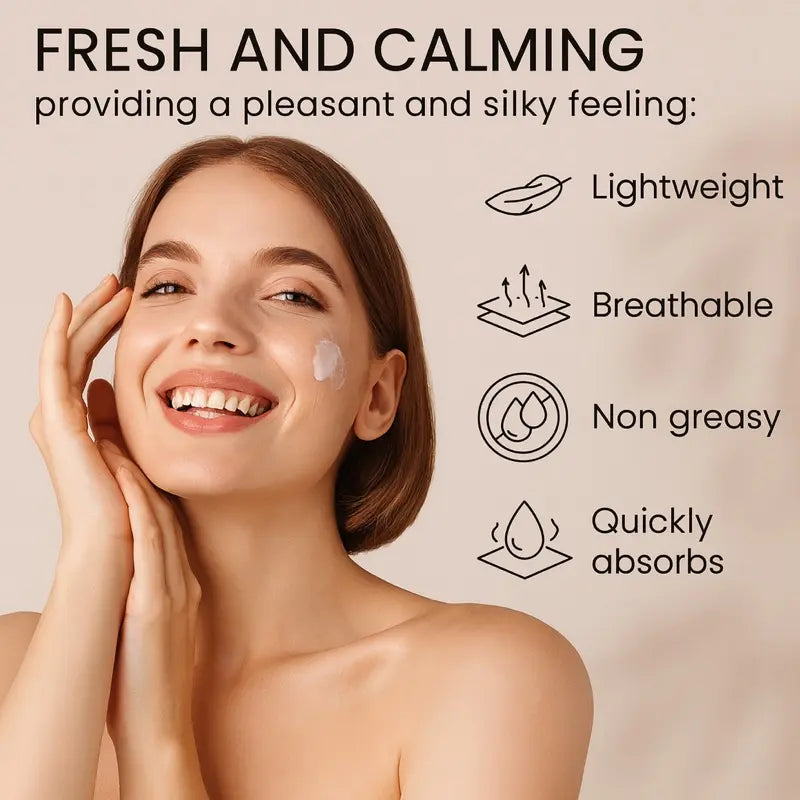 Woman applying cream to her face with text highlighting product features on a beige background