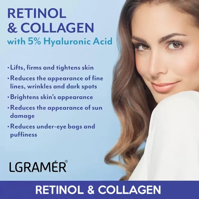 Advertisement for LGRAMER retinol and collagen product with a woman's face on a blue background.