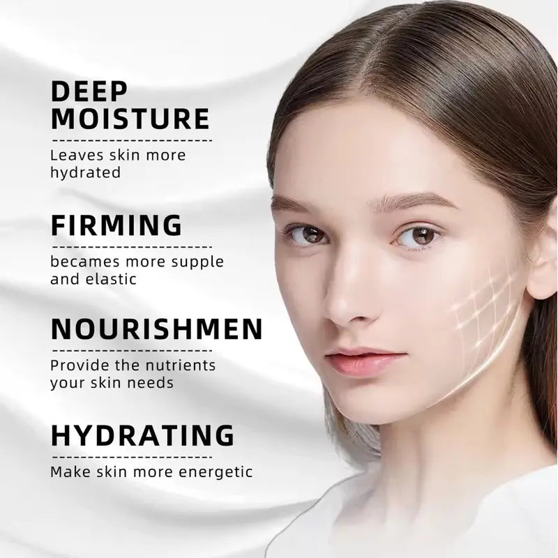 Woman's face with text highlighting skincare benefits on a white background