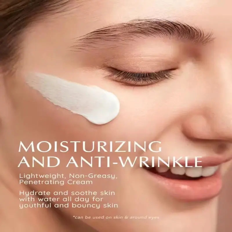 Woman applying moisturizing cream to her face with text highlighting benefits