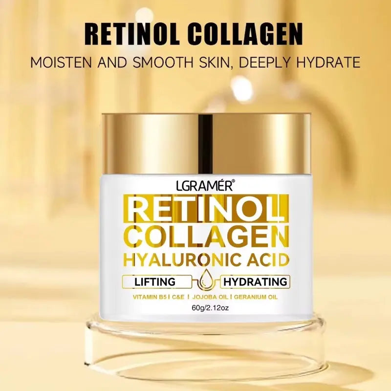 Retinol collagen cream jar with gold and white design on a blurred background