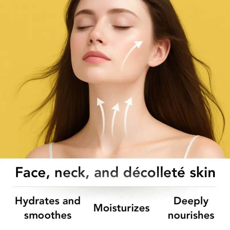 Woman with arrows indicating skincare on face, neck, and décolleté against a yellow background