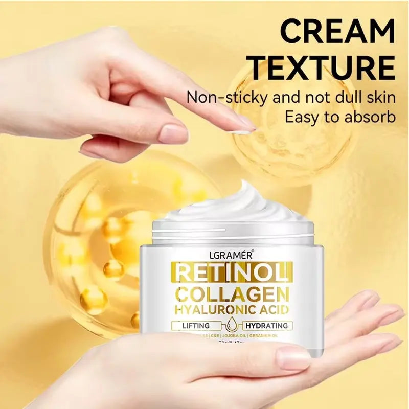 LGRAMER Retinol Collagen Hyaluronic Acid cream with a hand holding it against a yellow background