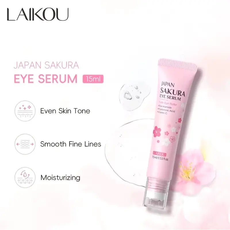 Japan Sakura Moisturizing Eye Serum Triple Roller Hydrating and Brightening Eye Care with Hyaluronic Acid, Niacinamide and Vitamin C