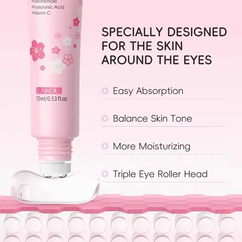 Japan Sakura Moisturizing Eye Serum Triple Roller Hydrating and Brightening Eye Care with Hyaluronic Acid, Niacinamide and Vitamin C