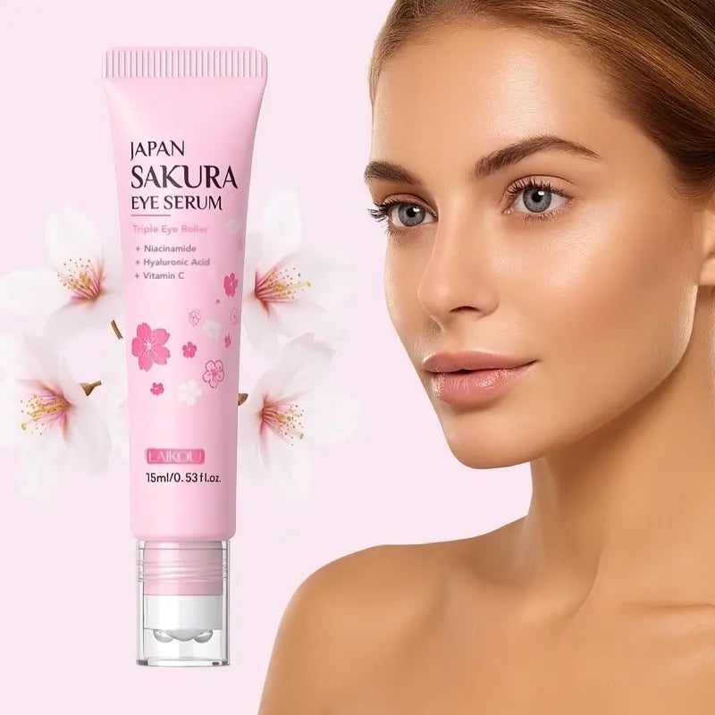 Japan Sakura Moisturizing Eye Serum Triple Roller Hydrating and Brightening Eye Care with Hyaluronic Acid, Niacinamide and Vitamin C
