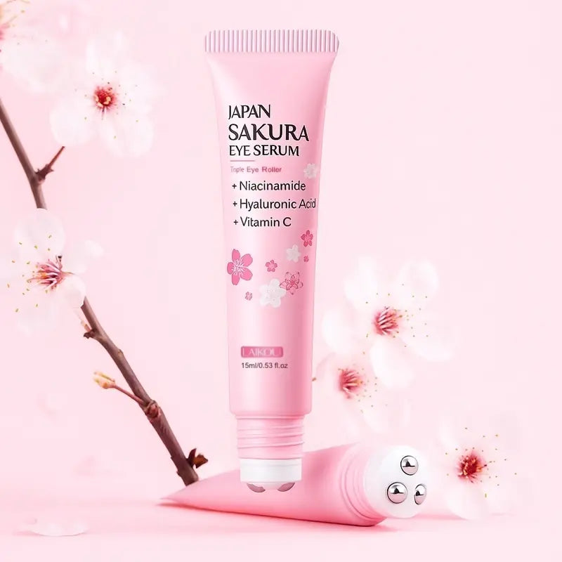 Japan Sakura Moisturizing Eye Serum Triple Roller Hydrating and Brightening Eye Care with Hyaluronic Acid, Niacinamide and Vitamin C
