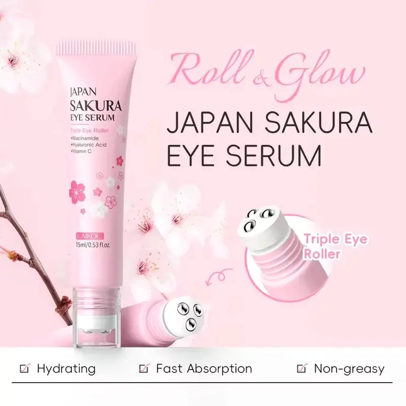 Japan Sakura Moisturizing Eye Serum Triple Roller Hydrating and Brightening Eye Care with Hyaluronic Acid, Niacinamide and Vitamin C