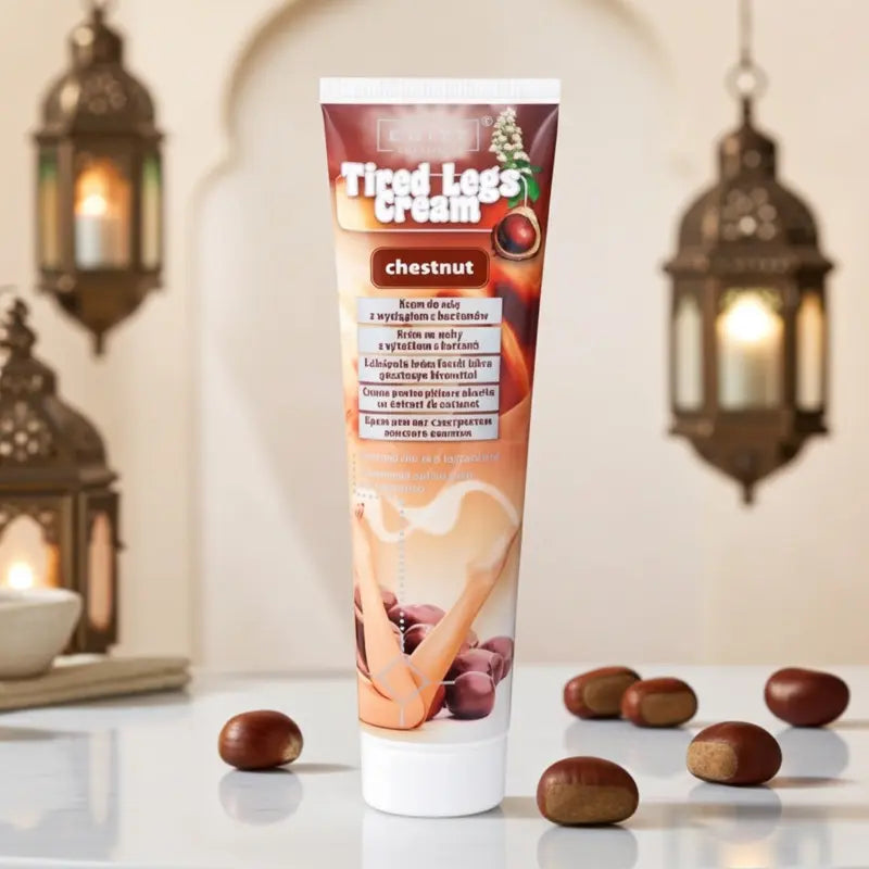 Tube of Tired Legs Cream with chestnut flavor on a decorative background with lanterns and chestnuts.
