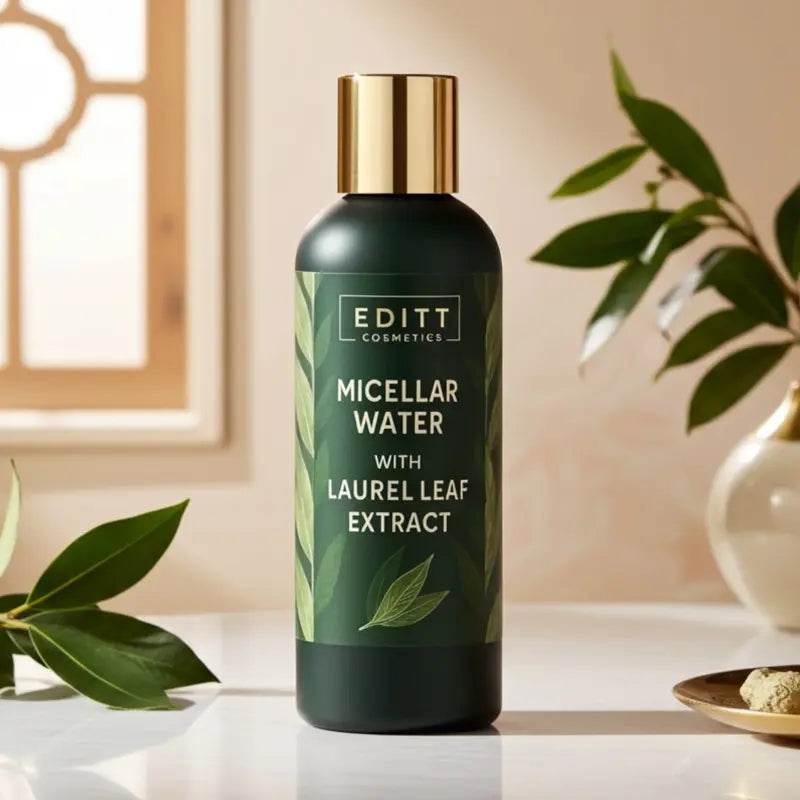 Bottle of Micellar Water with Laurel Leaf Extract on a light surface with green leaves in the background.