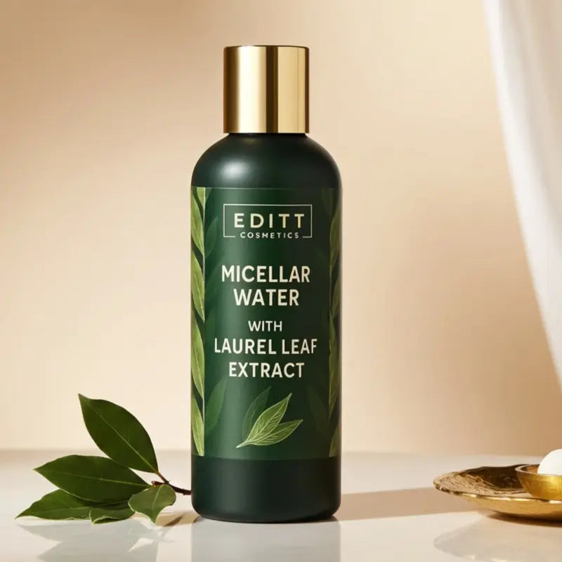 Bottle of Micellar Water with Laurel Leaf Extract on a beige background