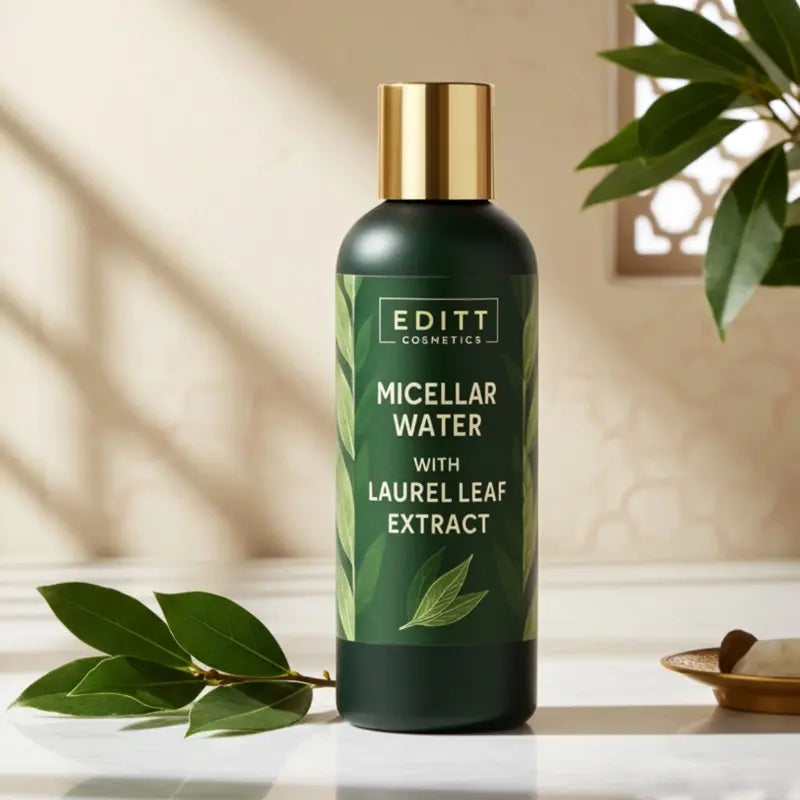 Micellar Water bottle with laurel leaf extract on a light background