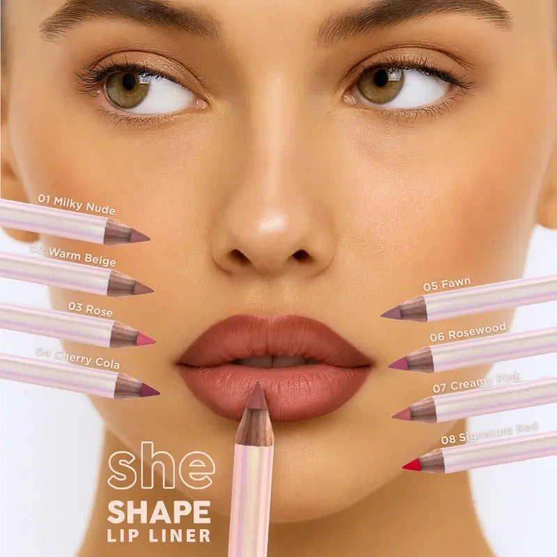 She Shape Lip Liner Pencil Long Lasting Lip Contour, Soft Creamy Formula, 8 Shades