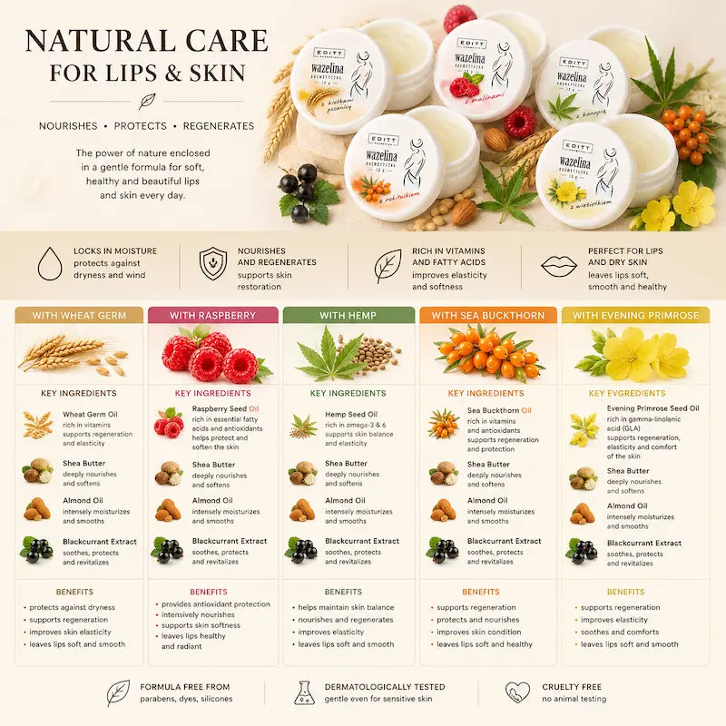 Scented Natural Vaseline Lip Therapy Moisturising Multi-Purpose Lip Balm 6 Variants Hemp Oil, Raspberry, Evening Primrose, Sea Buckthorn, Wheat Germ