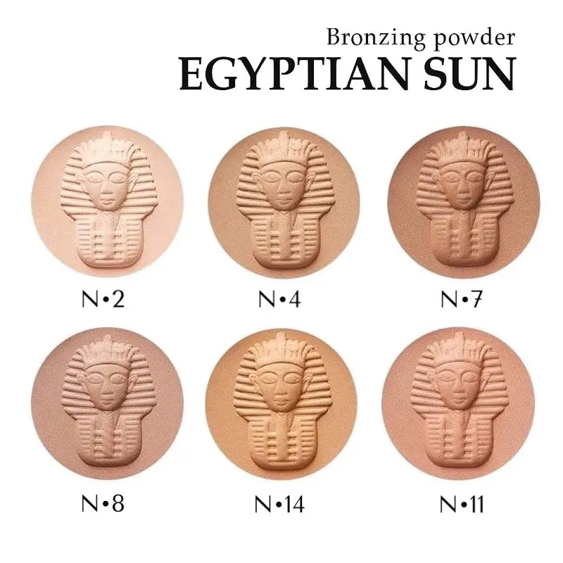 Bronzing Pharaoh Earth Bronzing Compact Powder shades with Egyptian-themed packaging on a white background