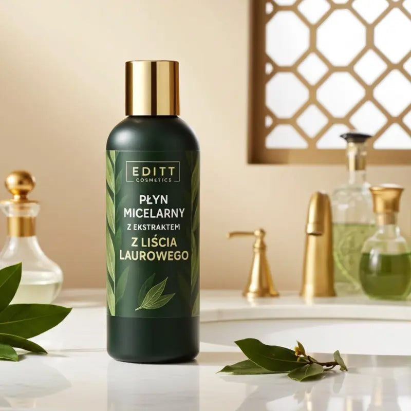 Bottle of laurel extract micellar water on a bathroom counter with decorative elements.