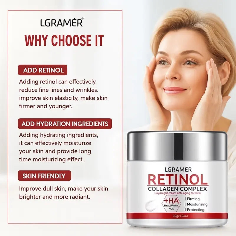 LGRAMER retinol collagen complex cream with benefits listed on a white background