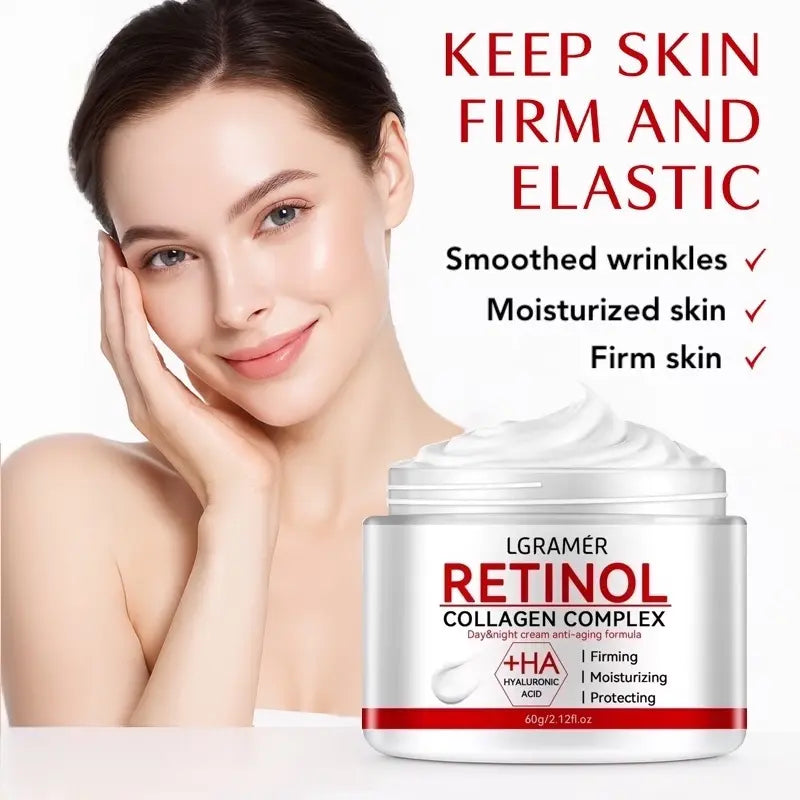 LGRAMER Retinol Collagen Complex cream with a woman's face showing smooth skin.