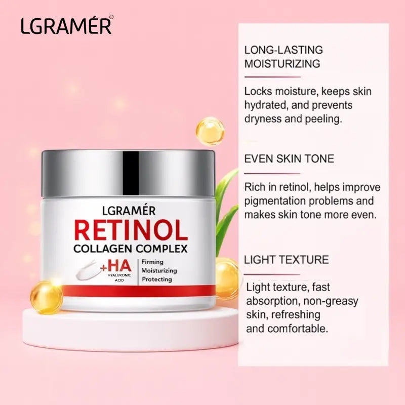 LGRAMER Retinol Collagen Complex jar with product features on a pink background