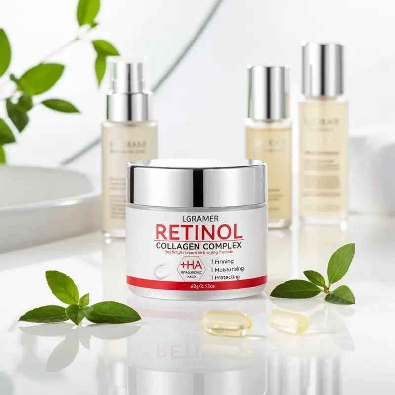 Skincare products including a jar labeled LGramer Retinol Collagen Complex' on a white surface with green leaves.
