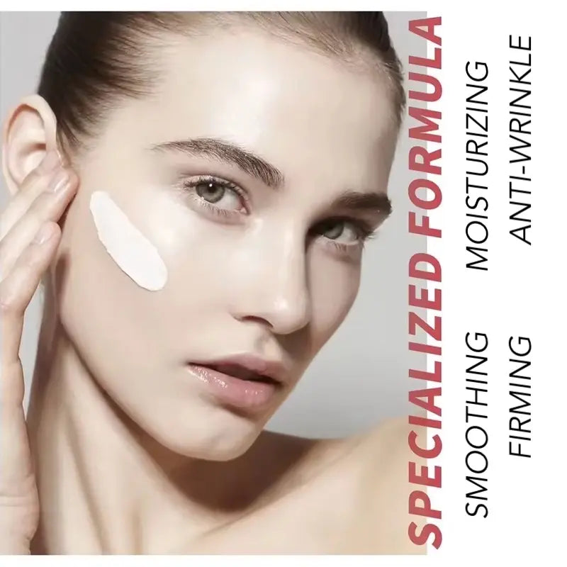 Woman applying a skincare product with text highlighting features on the right