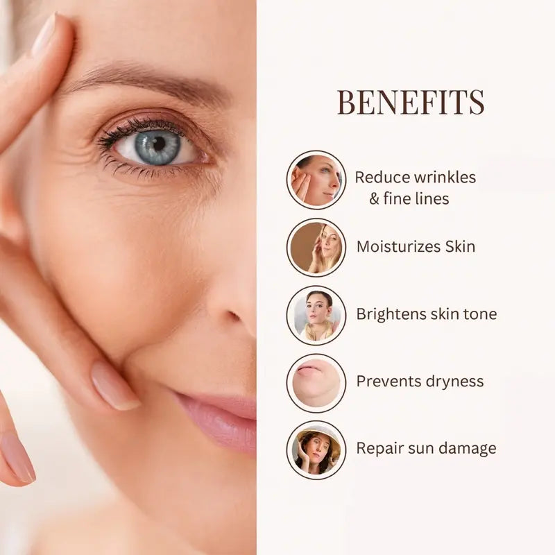 Woman's face with skincare benefits listed on a white background
