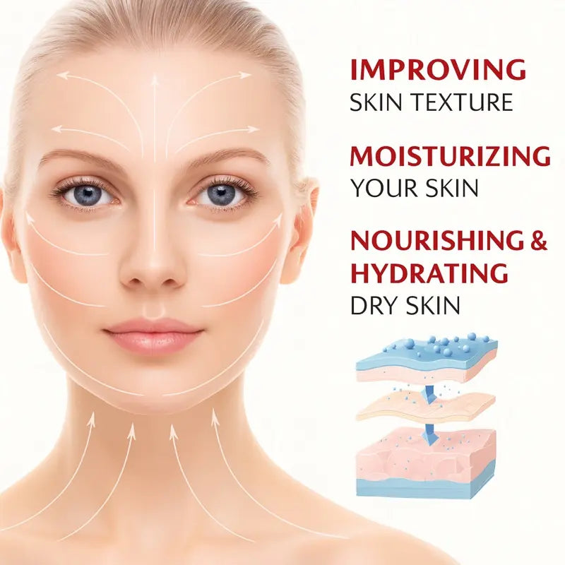 Woman's face with skin texture lines and text about skincare benefits on a white background