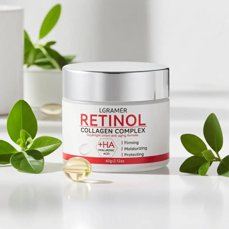 LGRAMER Retinol Collagen Complex cream jar with a capsule on a light background