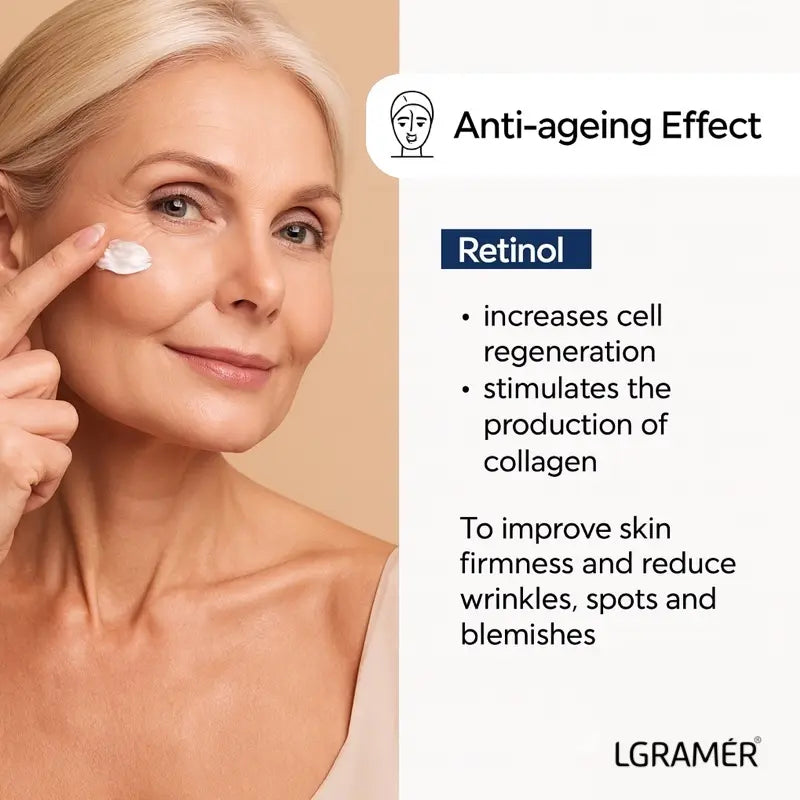 Woman applying cream to her face with text about retinol's anti-ageing effects on the right.