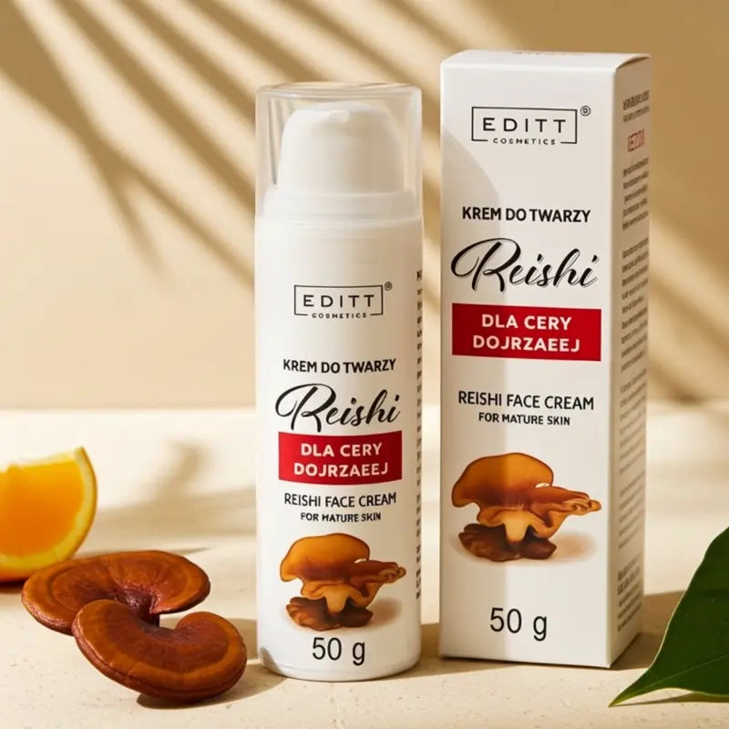 Reishi face cream with packaging and Reishi mushrooms on a beige background