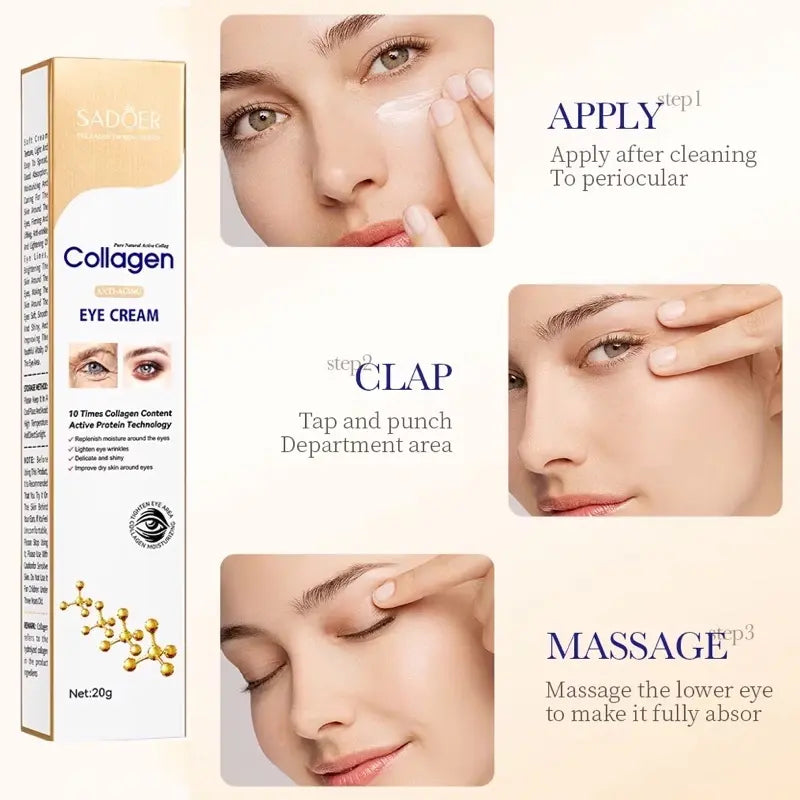 Sadoer Collagen eye cream packaging with usage instructions on a white background