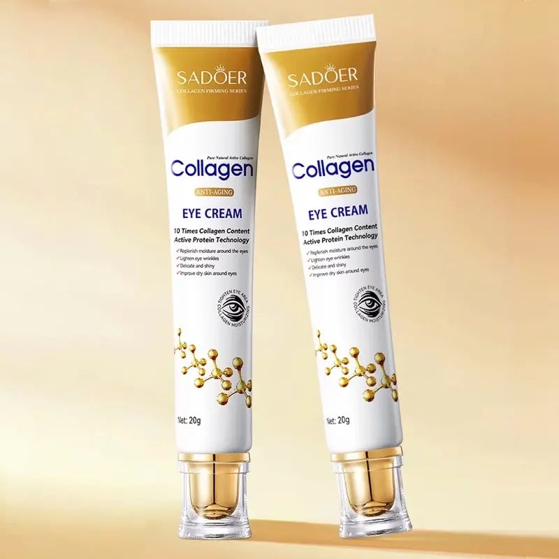 Two tubes of Sadoer Collagen Eye Cream on a beige background